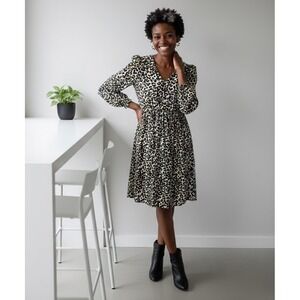 Banana Republic Petite XS Leopard Animal Print V-Neck Midi Dress Long Sleeve P.